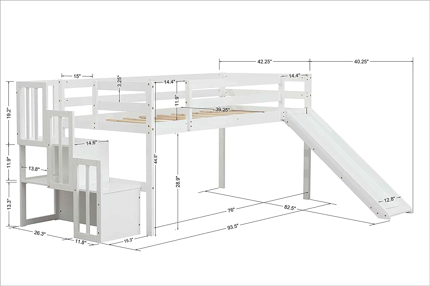 Harper & Bright Designs Kids Twin Loft Bed with Slide, Low Loft Bed Frame with Stairs and Storage Shelves, Slide Loft Bed for Boys and Girls, No Box Spring Needed,White