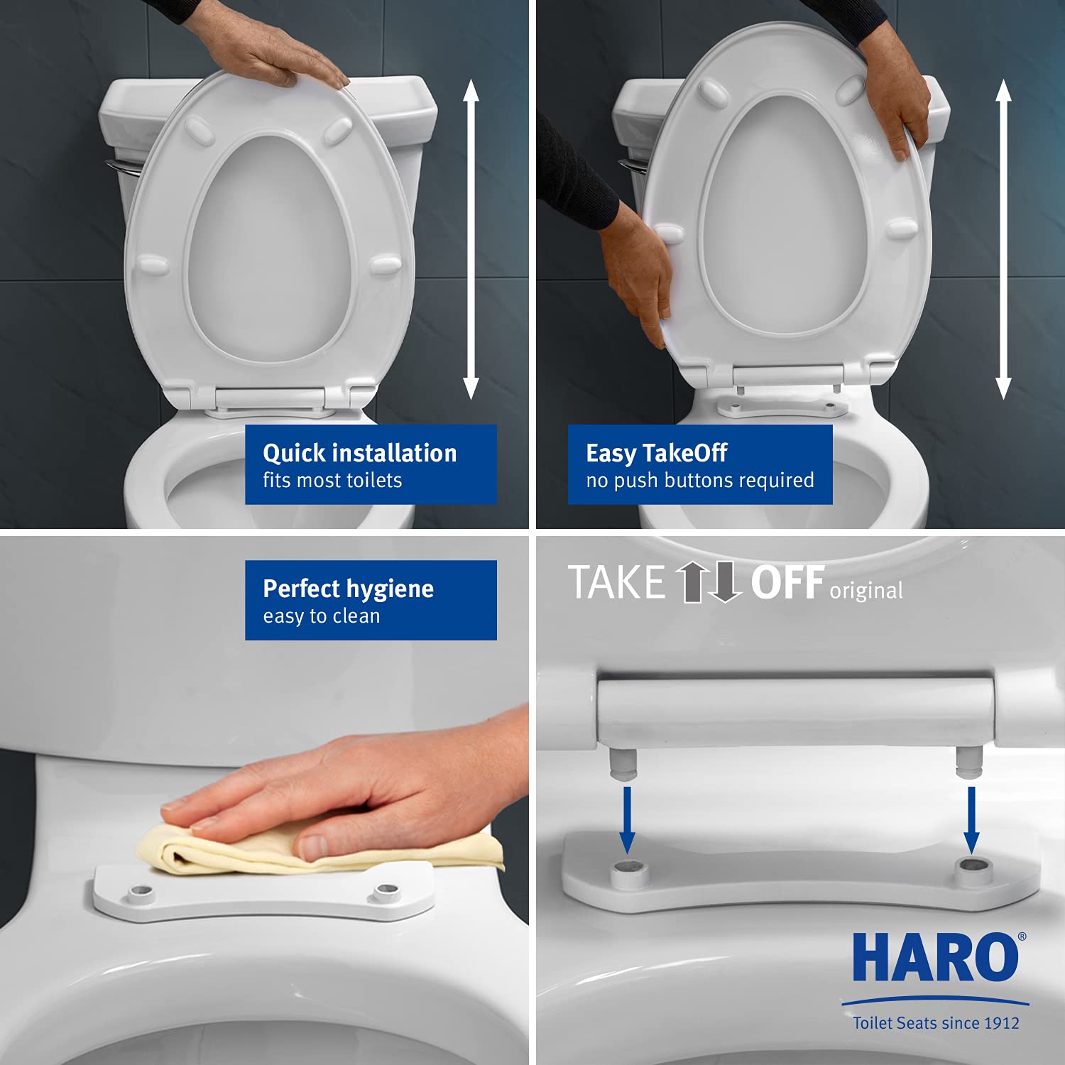 HARO | ROUND Toilet Seat | Heavy-Duty up to 550 lbs Capacity | Slow-Close-Seat | Quick-Release & Easy Clean, Fast-Fix-Hinge, No-Slip Bumpers, White | Advanced (PP) | 16.5" x 14.5" x 2.32"