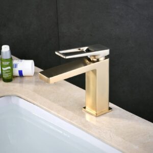 SHUNLI Brushed Gold Bathroom Faucet, Single Hole Modern Bathroom Sink Faucet, Brass Lavatory Mixer Taps Single Handle