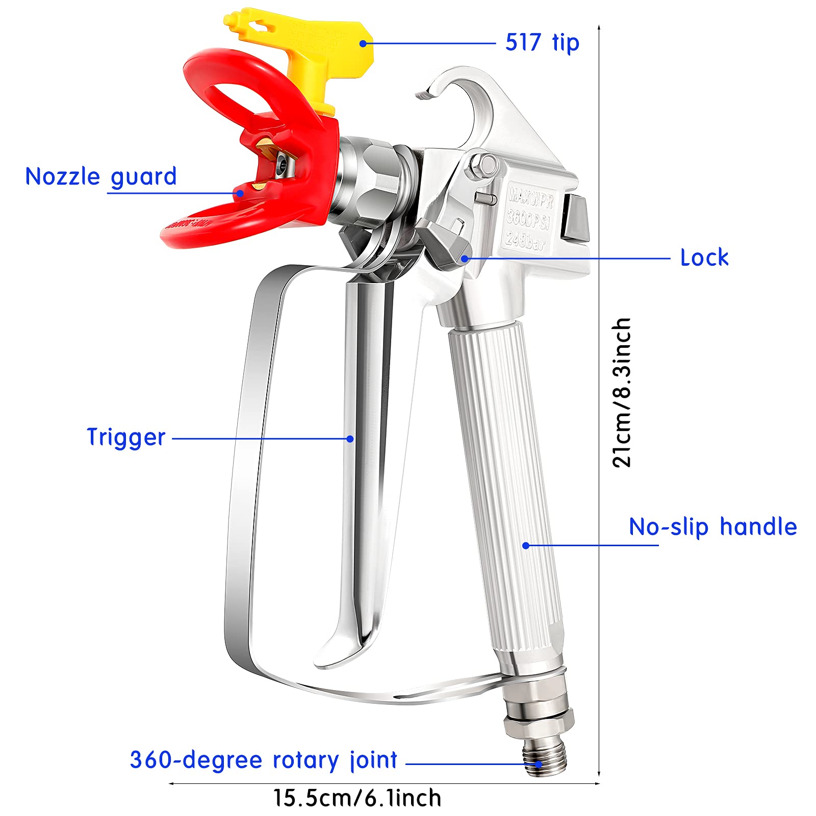 SG02 Airless Paint Spray Gun High Pressure 3600PSI 517 Tip Swivel Joint for Pump Sprayer Parts Accessories(2 Sets)