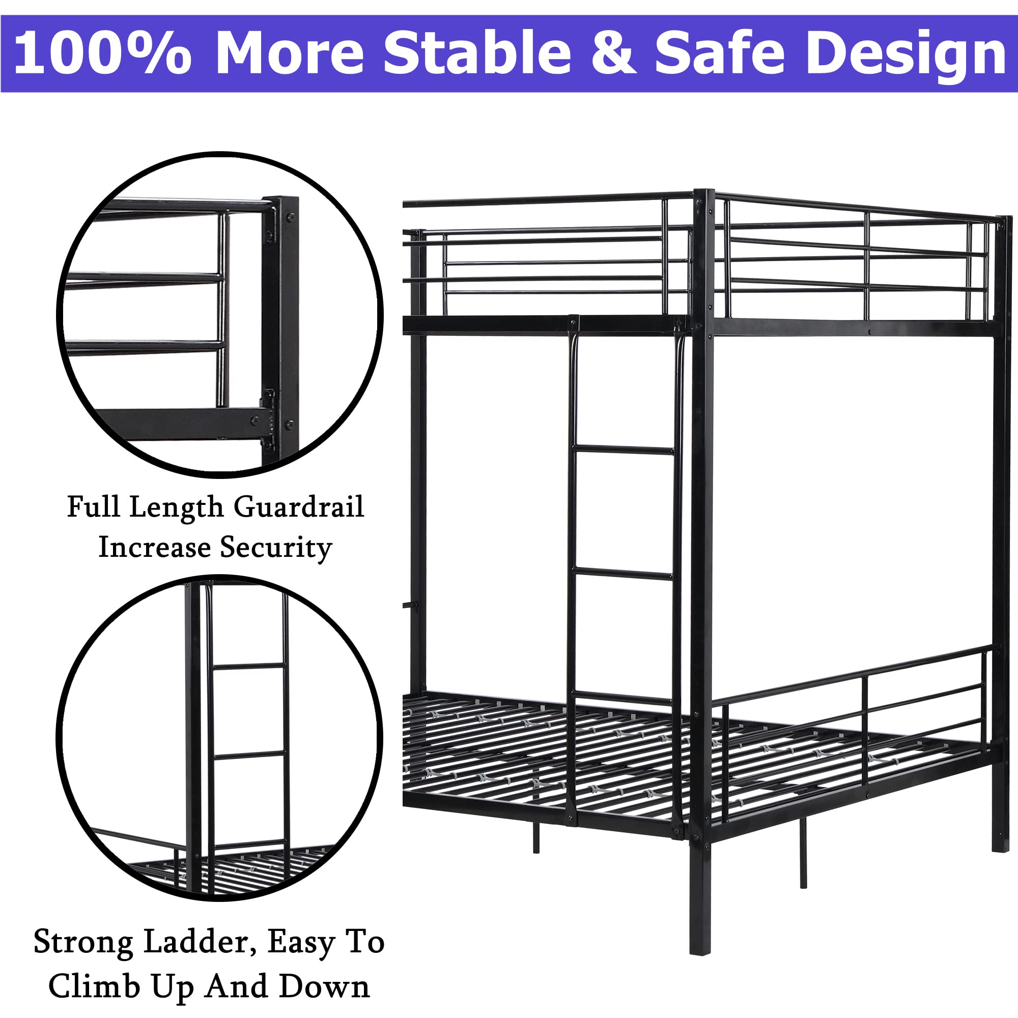 Aooppec Upgraded Version Stronger Metal Queen Size Bunk Bed, Industrial Style Queen Over Queen Bunk Bed Frame with Ladders & Guard Rails for Kids Girls Boys and Adults (Easy Assemble)