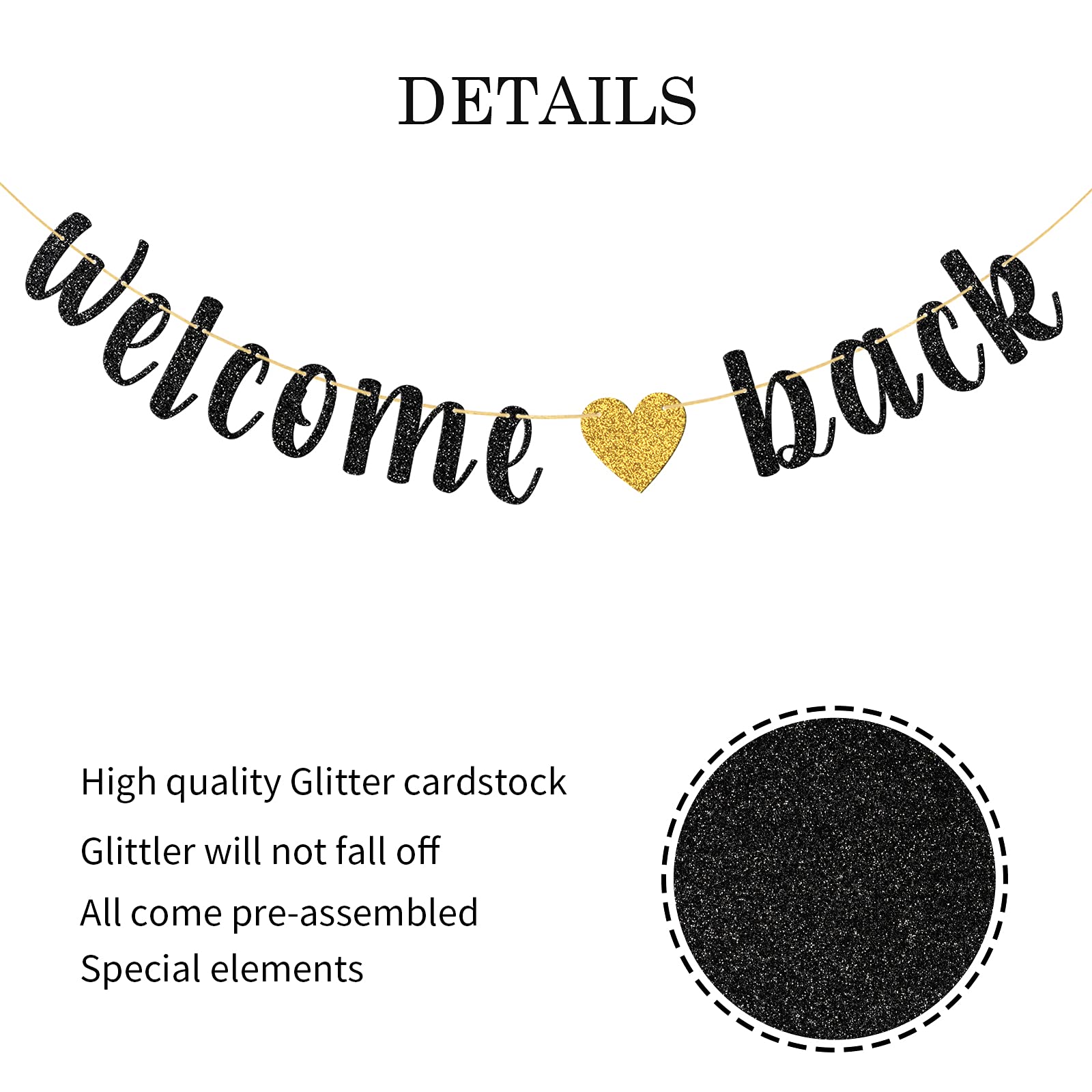 Welcome Back Banner, Returning Home Party Supplies, Happy Retirement Sign, Welcome Home Theme, Back to School Party Decorations Black Glitter