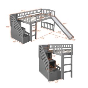 Harper & Bright Designs Loft Bed with Slide and Stairs Wood Twin Size Loft Bed Frame with Storage for Kids Boys Girls, Gray