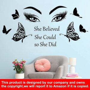 Inspirational Wall Decal Quotes Eyelash Eyes Wall Stickers Motivational Word Letter Decals She Believe She Could So She Did Wall Art Positive Sayings Sticker for Women Girls Bedroom Living Room Decor