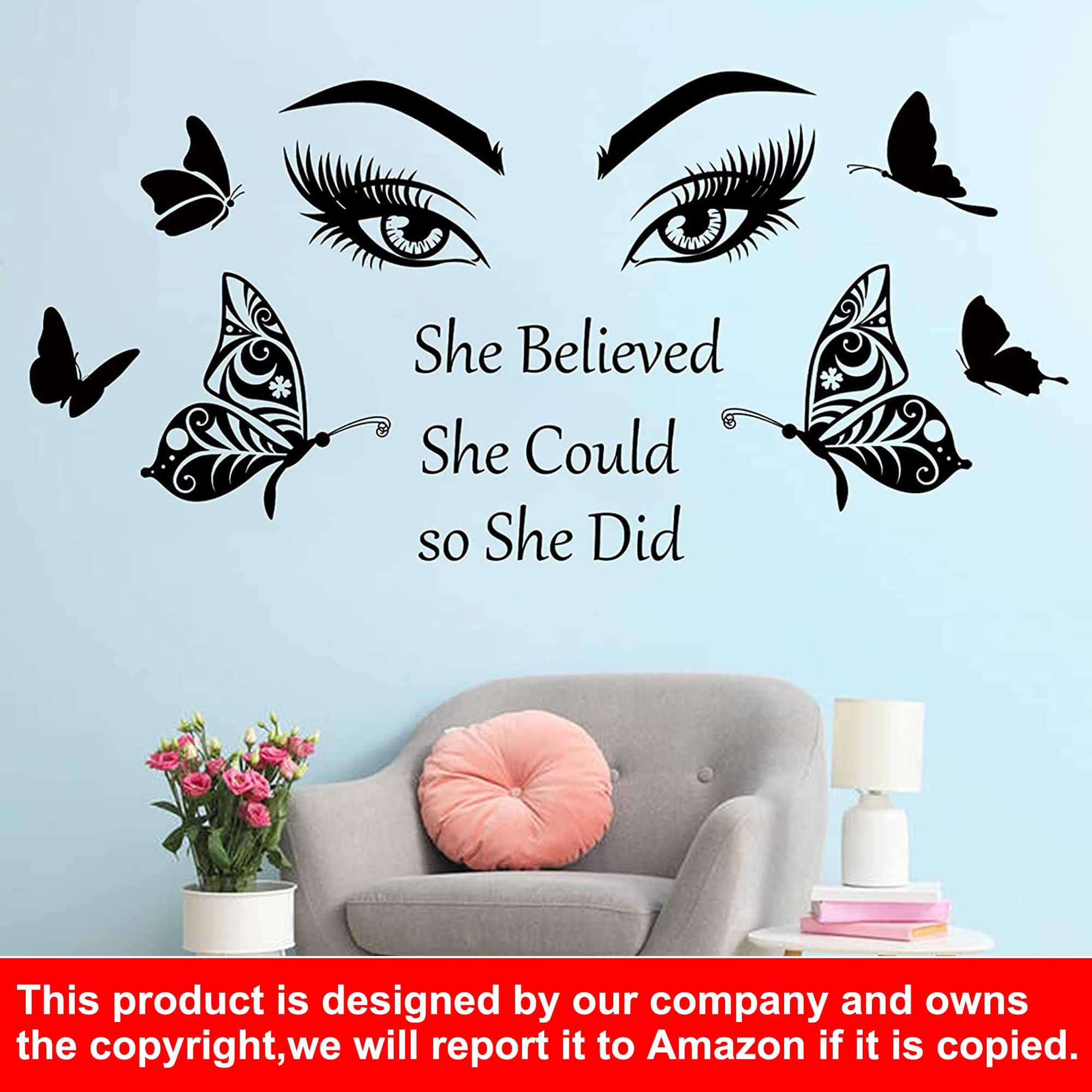 Inspirational Wall Decal Quotes Eyelash Eyes Wall Stickers Motivational Word Letter Decals She Believe She Could So She Did Wall Art Positive Sayings Sticker for Women Girls Bedroom Living Room Decor