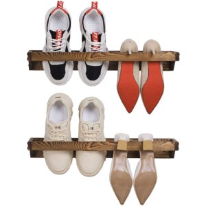 MyGift Set of 2 Solid Wooden Wall Mounted Shoe Rack Storage Organizer with Rustic Burnt Wood Finish, Hanging Footwear Holder for Closet, Mudroom, Entryway, Holds 4 Pairs