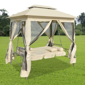 garden porch swing can accommodate 2 people,sturdy metal frame,roof with sunshade,for poolside,yard,garden,deck,gazebo convertible swing bench cream white