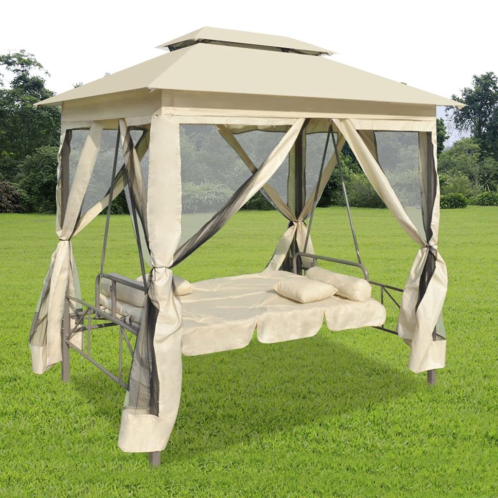 Garden Porch Swing can Accommodate 2 People,Sturdy Metal Frame,Roof with Sunshade,for Poolside,Yard,Garden,Deck,Gazebo Convertible Swing Bench Cream White