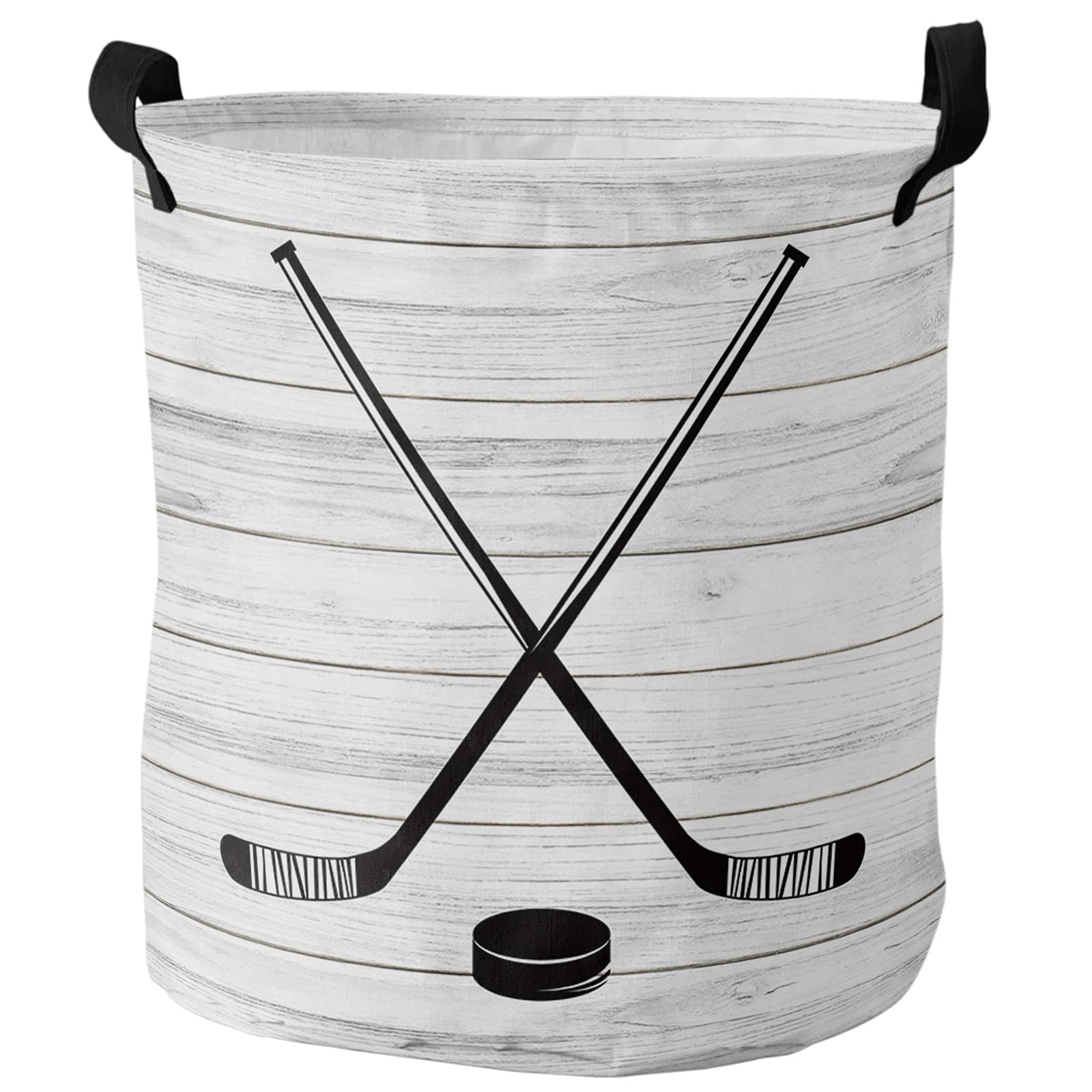 Laundry Baskets with Handles, Sports Ice Hockey Waterproof Freestanding Laundry Hamper, Round Collapsible Hampers for Bedroom, Laundry, Clothes, Toys, Rustic Wood, 16.5x17inch