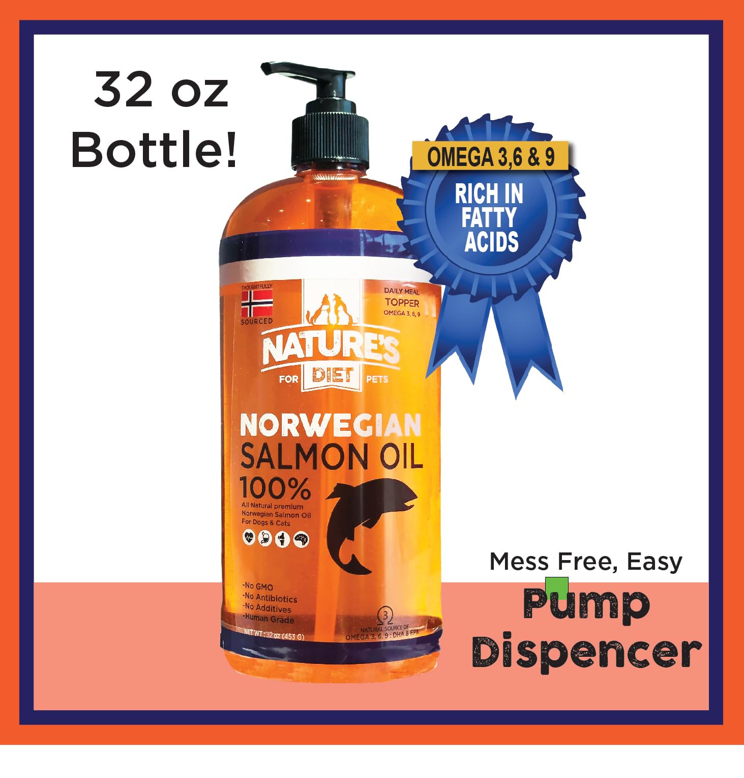 Nature's Diet Pet 32 oz Norwegian Salmon Oil Dogs & Cats - Natural Support for Joint Function Immune Heart Health Appetite Skin & Coat Omega 3 6 9 Liquid Food Topper EPA DHA Fatty Acids