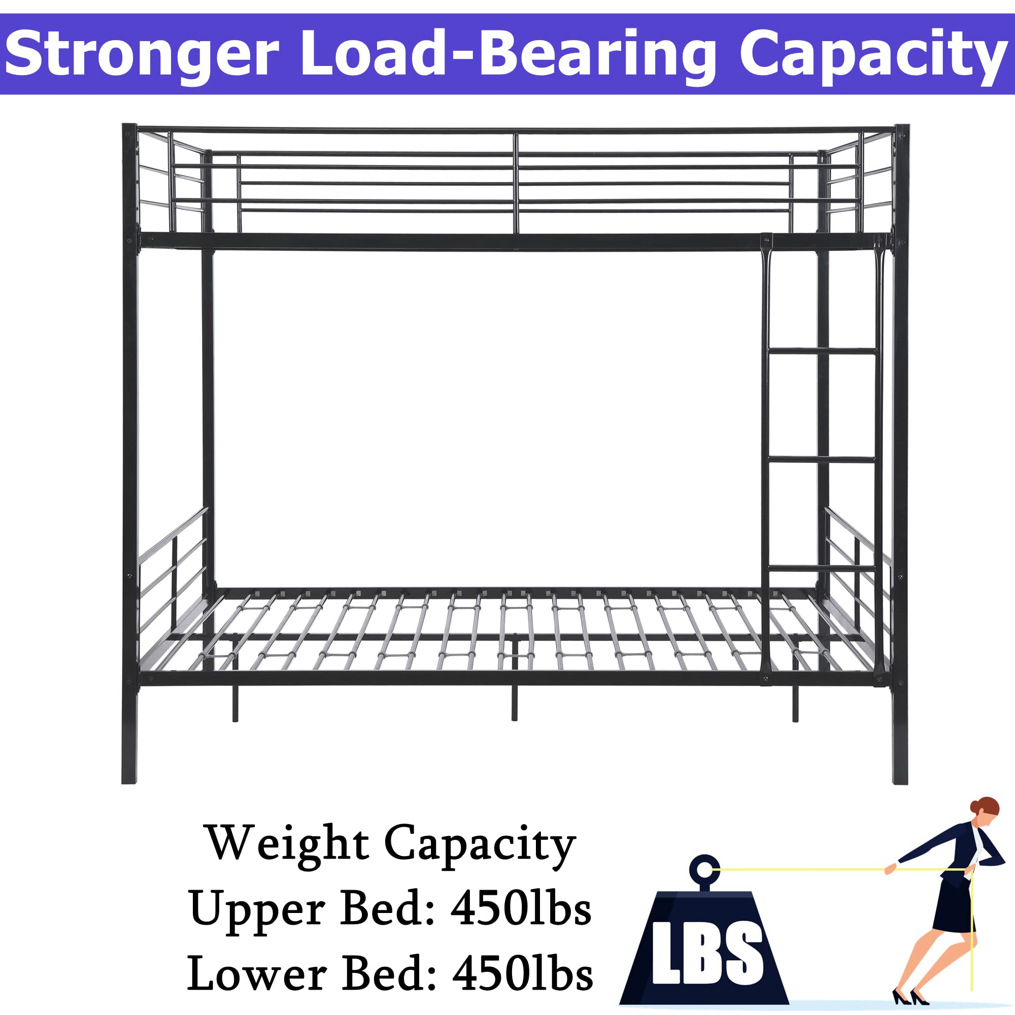 Aooppec Upgraded Version Stronger Metal Queen Size Bunk Bed, Industrial Style Queen Over Queen Bunk Bed Frame with Ladders & Guard Rails for Kids Girls Boys and Adults (Easy Assemble)