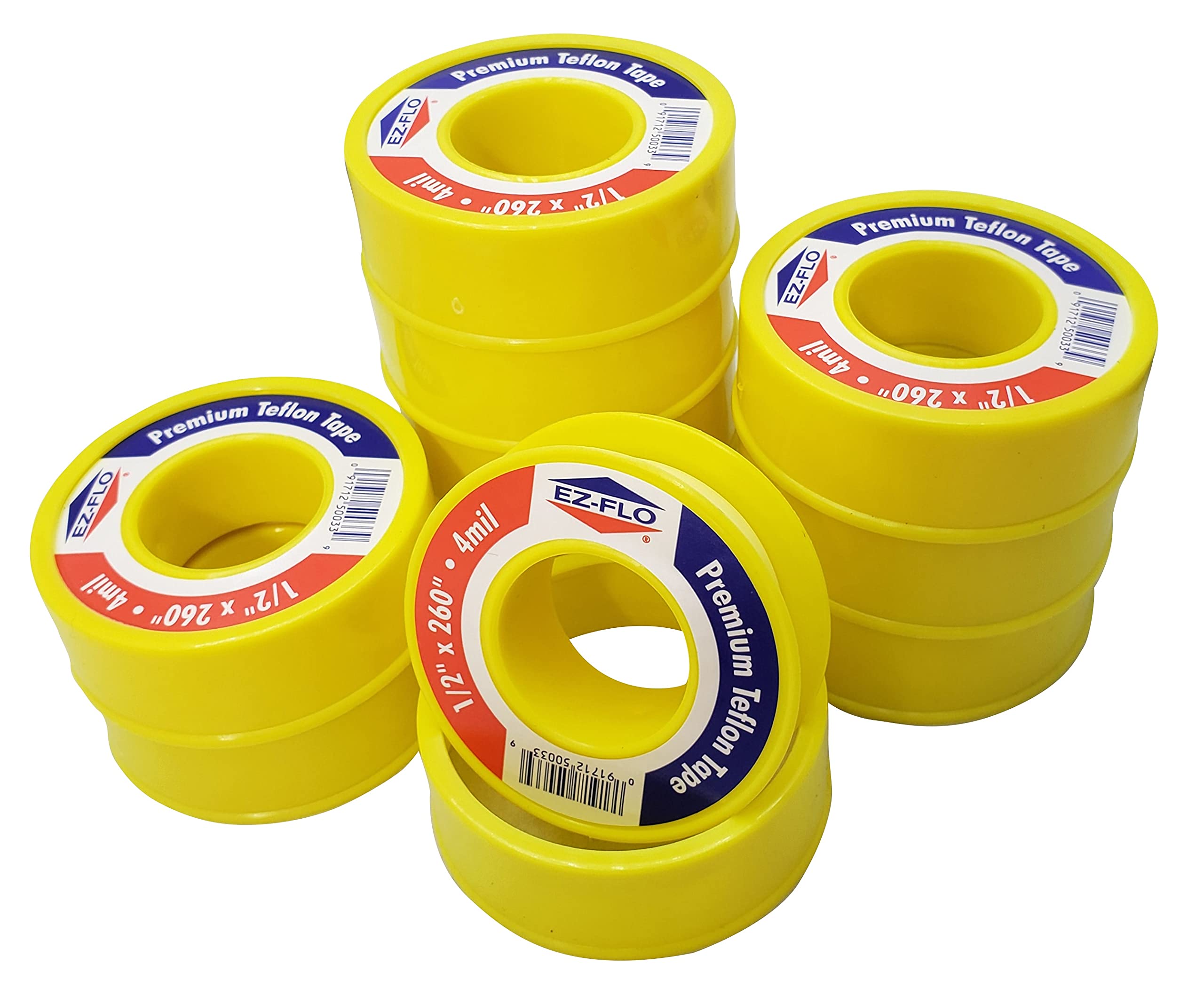 EZ-FLO Gas Teflon Tape, Premium Pipe Thread Tape, 1/2-Inch x 260-Inches x 4 mil, Yellow (10 Pack)