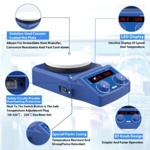 FOUR E'S SCIENTIFIC 280℃/536°F 5 inch Digital Hotplate Magnetic Stirrer Hot Plate Ceramic Coated | 100-1500rpm | 5L | 110V Support Stand Stir Bar Retriever Temp Probe Sensor Stir Bars Included