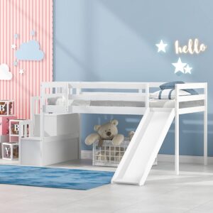 Harper & Bright Designs Kids Twin Loft Bed with Slide, Low Loft Bed Frame with Stairs and Storage Shelves, Slide Loft Bed for Boys and Girls, No Box Spring Needed,White