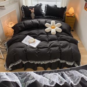 moowoo chic ruffle lace polyester duvet cover set -girl black bedding-3 piece queen duvet cover with zipper closure -ultra soft and light weight(black, queen)