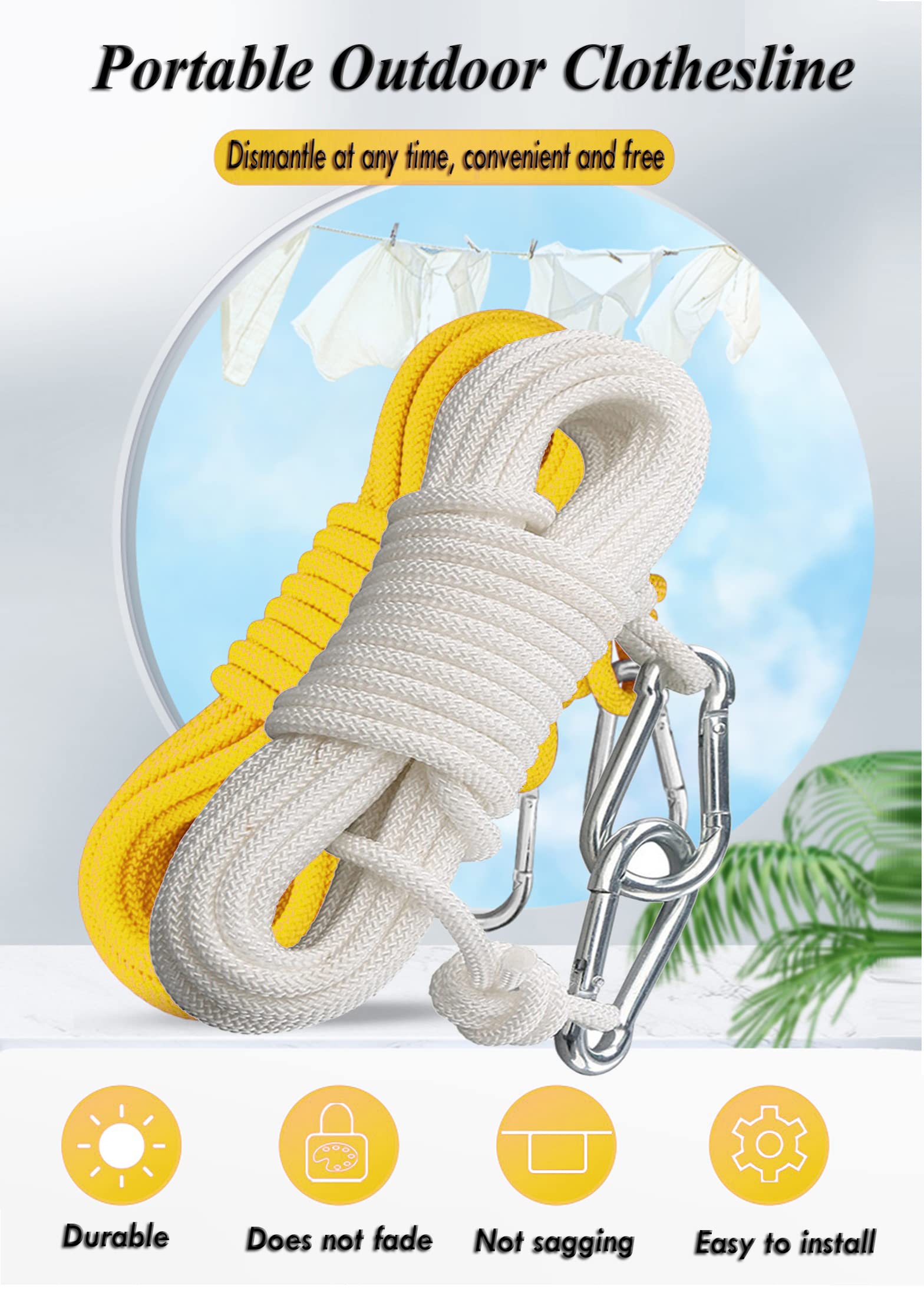 BanYakong Clothesline Clothes Drying Rope Portable Travel Clothesline Adjustable for Indoor Outdoor Laundry Clothesline, Perfect Windproof Clothes Line, Hanger for Camping Travel & Home Use(White)