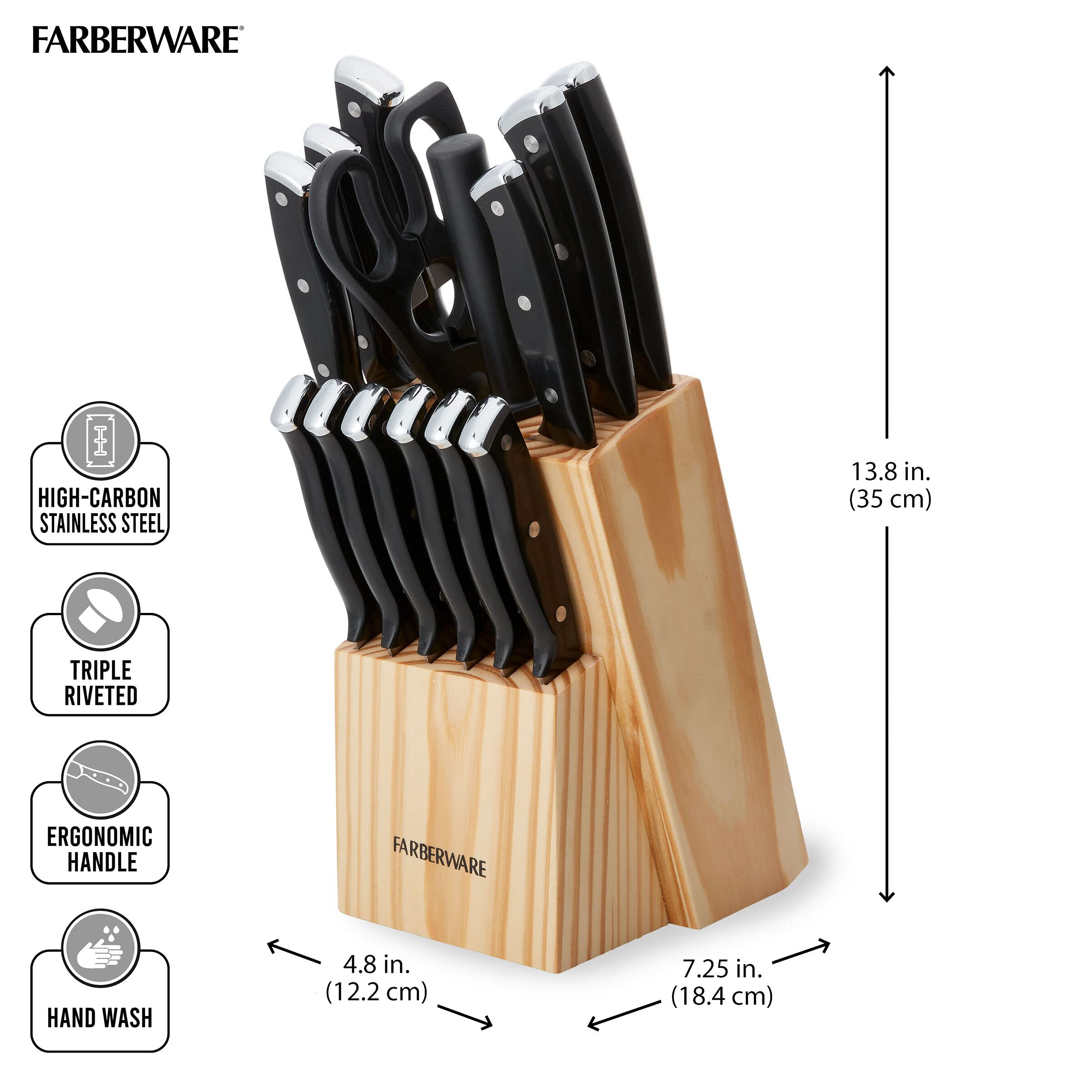 Farberware Triple Riveted Knife Block Set, High Carbon-Stainless Steel Blades Ergonomic Handles, Includes Natural Pinewood, 15 piece, Black Pine