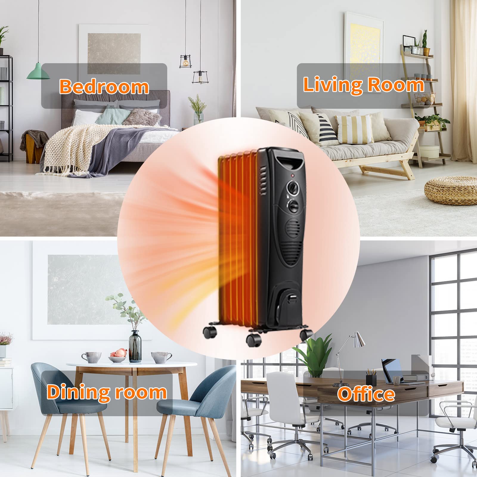 ZAFRO Oil Filled Radiator Heater, 1500W Portable Electric Oil-Filled Radiant Heatings, Space Heater with Tip-Over & Overheat Protection(Black)