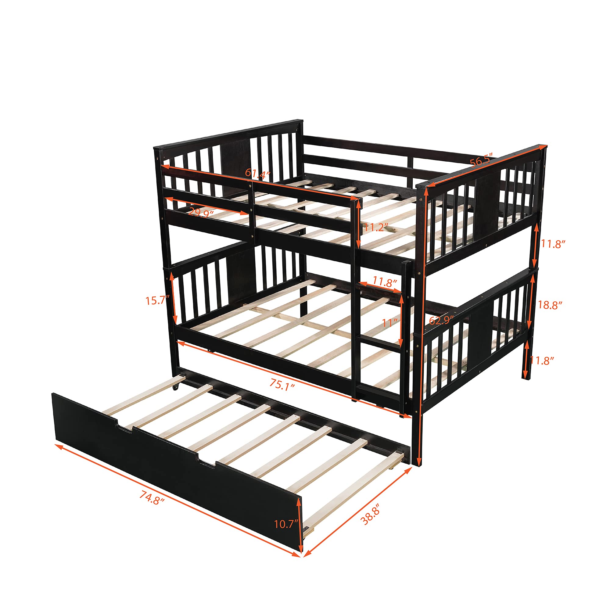 Harper & Bright Designs Full Over Full Bunk Bed with Trundle, Wood Full Size Bed Frame with Ladder and Guard Rail for Teens Bedroom, Guest Room (Espresso)