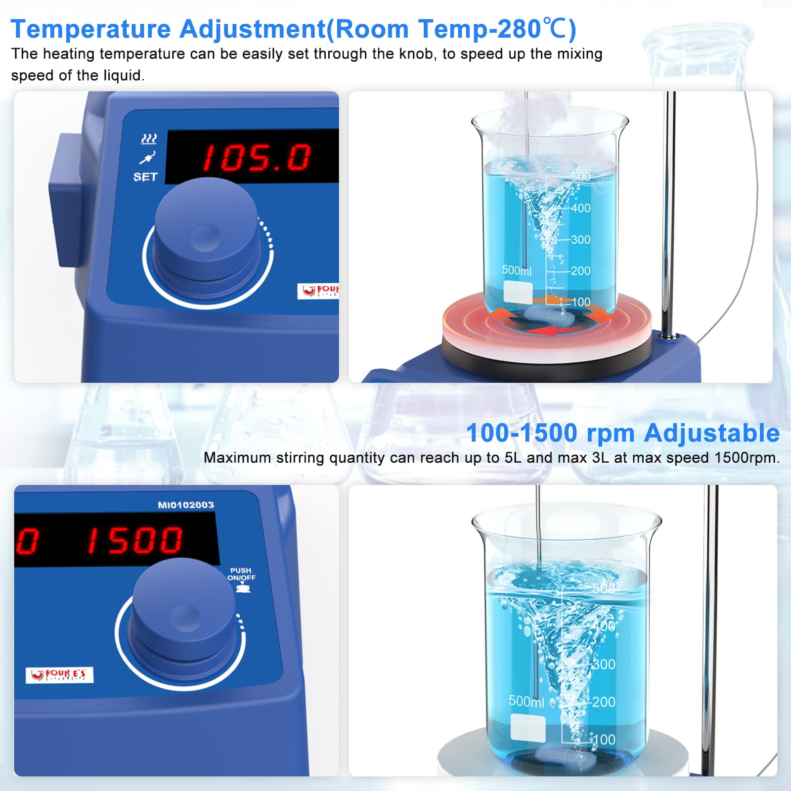 FOUR E'S SCIENTIFIC 280℃/536°F 5 inch Digital Hotplate Magnetic Stirrer Hot Plate Ceramic Coated | 100-1500rpm | 5L | 110V Support Stand Stir Bar Retriever Temp Probe Sensor Stir Bars Included