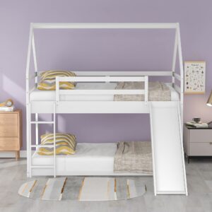 Harper & Bright Designs Twin Over Twin Low Bunk Bed with Slide, Solid Wood House Bunk Bed for Kids Girls Boys (White)