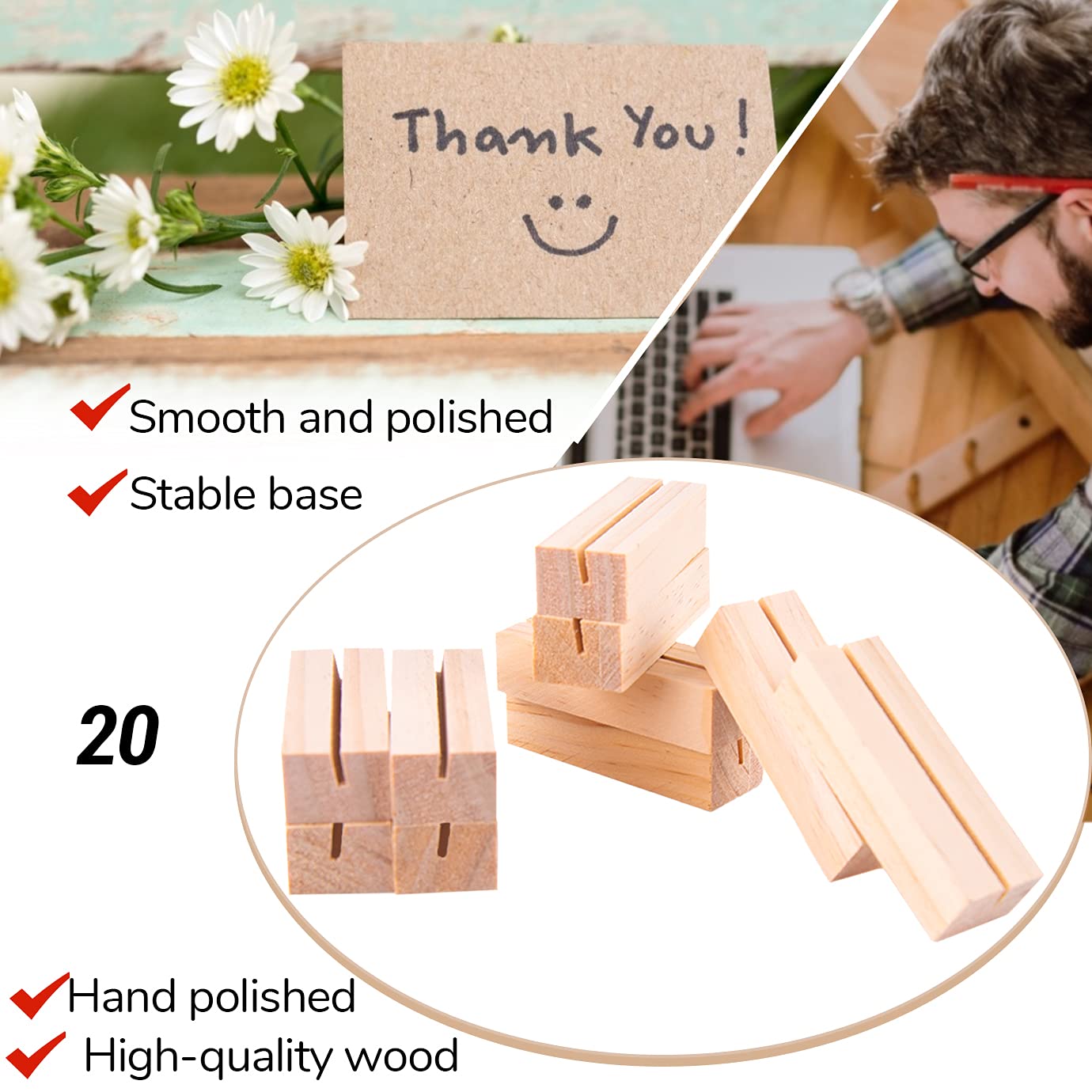 WXJ13 20PCS Wood Place Card Holders Wood Table Number Stands Wood Name Card Holders for Tables Table Sign Stand Picture Holder Acrylic Sign Holders for Wedding Dinner Home Party Events Decoration