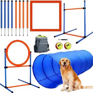 jmmpoo dog agility training equipment, 60-piece dog obstacle course training starter kit pet outdoor game with tunnel, agility hurdle, weave poles, jump ring, pause box, toy balls and storage bag