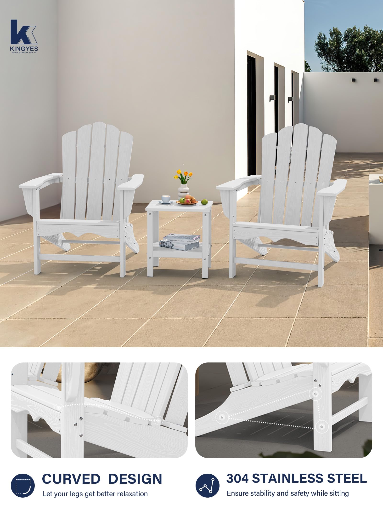 KINGYES HDPE Adirondack Chair, Classic All-Weather Outdoor Patio Adirondack Chair, White