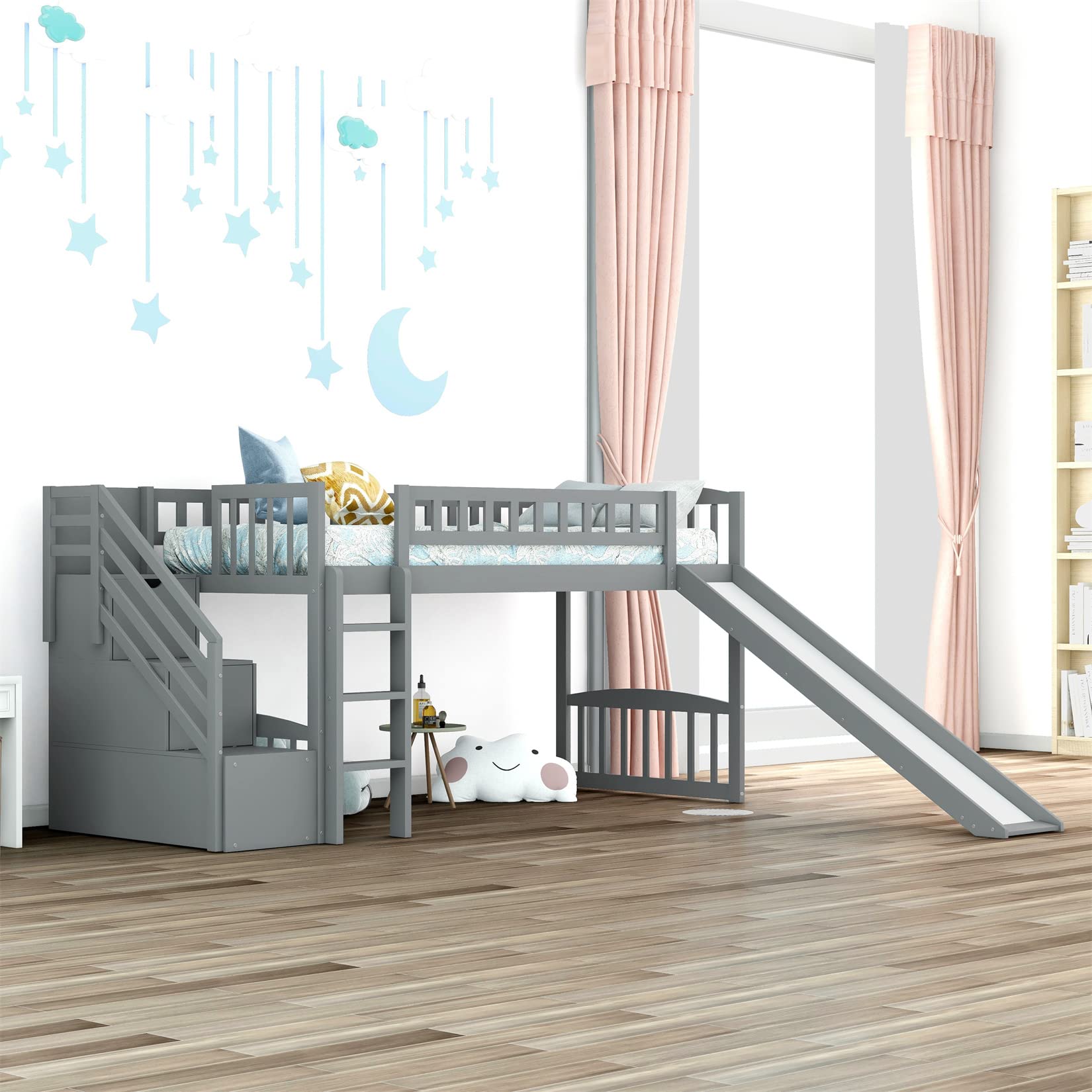 Harper & Bright Designs Loft Bed with Slide and Stairs Wood Twin Size Loft Bed Frame with Storage for Kids Boys Girls, Gray