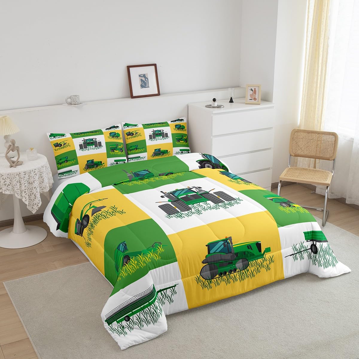 Boys Cartoon Truck Car Down Comforter Twin Size Kids Construction Vehicles Tractor Comforter Set for Kids Children Farm Excavator Bedding Set Construction Site Cars Duvet Set, Green Yellow