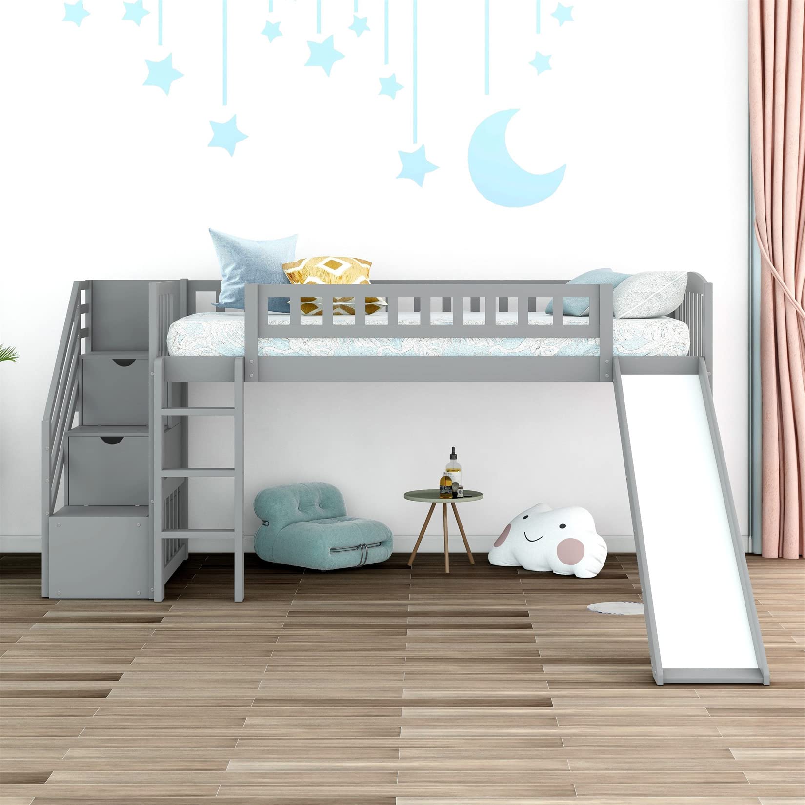 Harper & Bright Designs Loft Bed with Slide and Stairs Wood Twin Size Loft Bed Frame with Storage for Kids Boys Girls, Gray