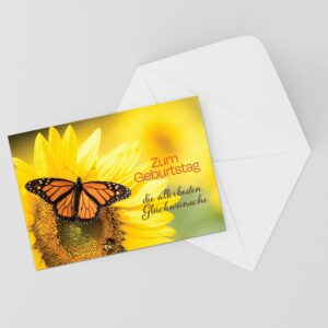 Burg Street Creations German Birthday Card - Zum Geburtstag die Allerbesten Gluckwunsche (Monarch Butterfly on a Sunflower)