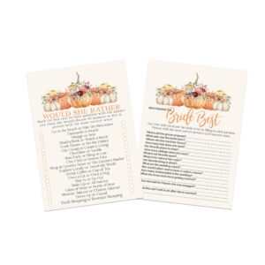 paper clever party rustic pumpkin bridal shower games pack - 25 guests, 5x7 size, premium quality cardstock, fall theme, who knows the bride best & would she rather, autumn wedding shower games