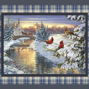 Quilting Panel Beautiful Winter Scene for The Holidays Cardinals Church 100% Cotton Fabric 45inchx36inch,Multi