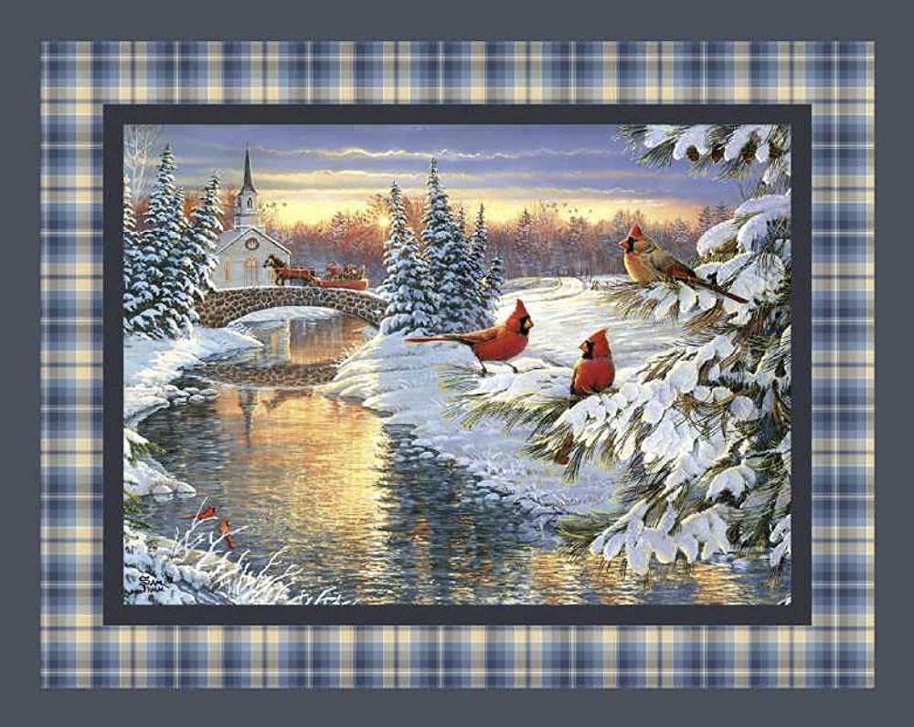 Quilting Panel Beautiful Winter Scene for The Holidays Cardinals Church 100% Cotton Fabric 45inchx36inch,Multi