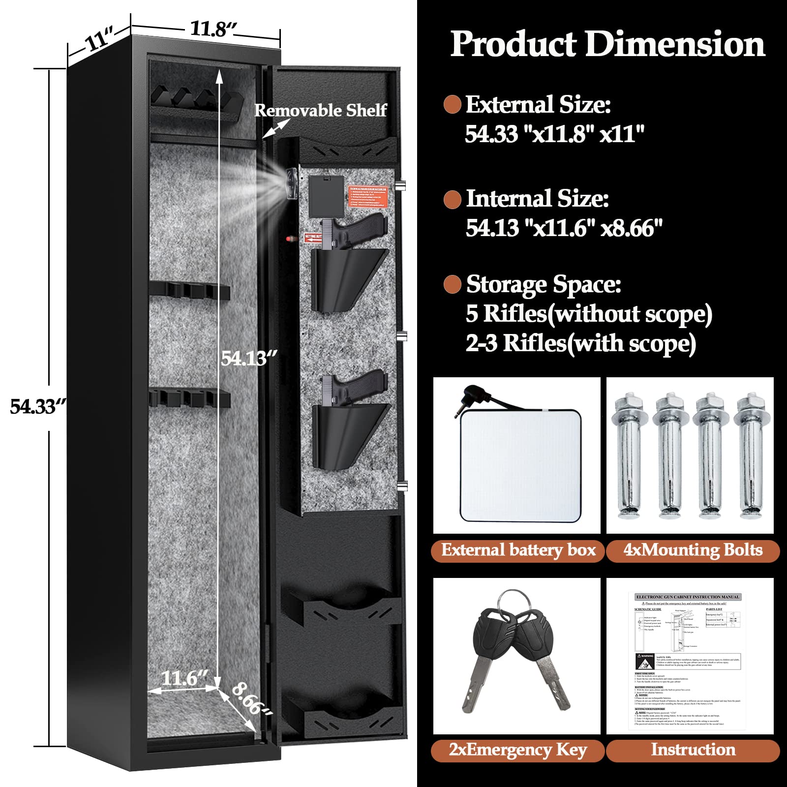 KAER 3-5 Gun Safe,Gun Safes for Home Rifle and Pistols,Rifle Safe,Gun Cabinet,Gun Safes for Rifles and Shotguns,Gun Safe Rifle with Removable Shelf,Assembled(Keypad Lock 55.12'' x 12.6" x 9.84'')