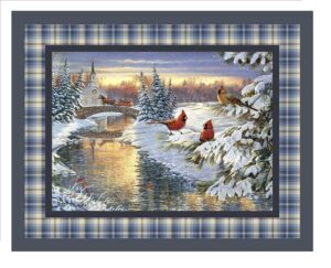 quilting panel beautiful winter scene for the holidays cardinals church 100% cotton fabric 45inchx36inch,multi