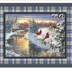 Quilting Panel Beautiful Winter Scene for The Holidays Cardinals Church 100% Cotton Fabric 45inchx36inch,Multi