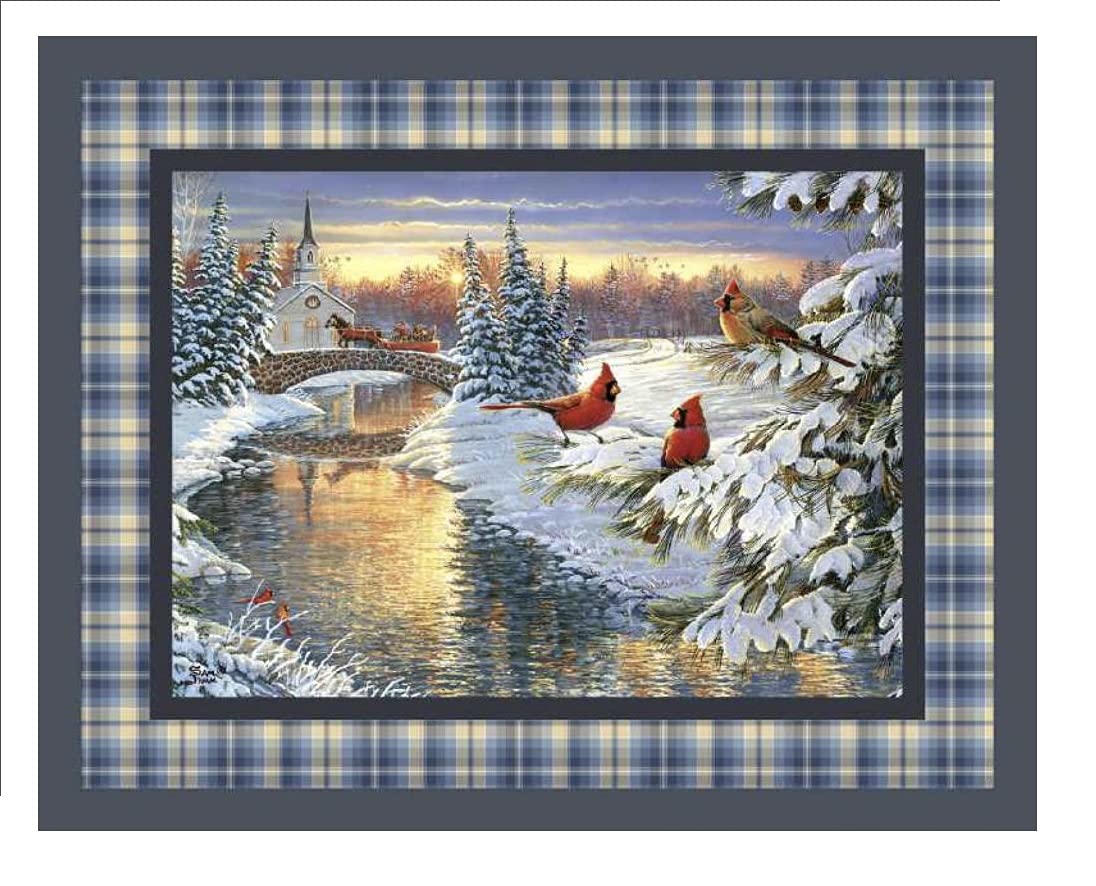 Quilting Panel Beautiful Winter Scene for The Holidays Cardinals Church 100% Cotton Fabric 45inchx36inch,Multi