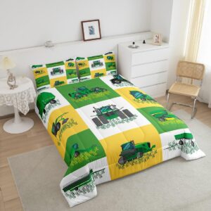 Boys Cartoon Truck Car Down Comforter Twin Size Kids Construction Vehicles Tractor Comforter Set for Kids Children Farm Excavator Bedding Set Construction Site Cars Duvet Set, Green Yellow