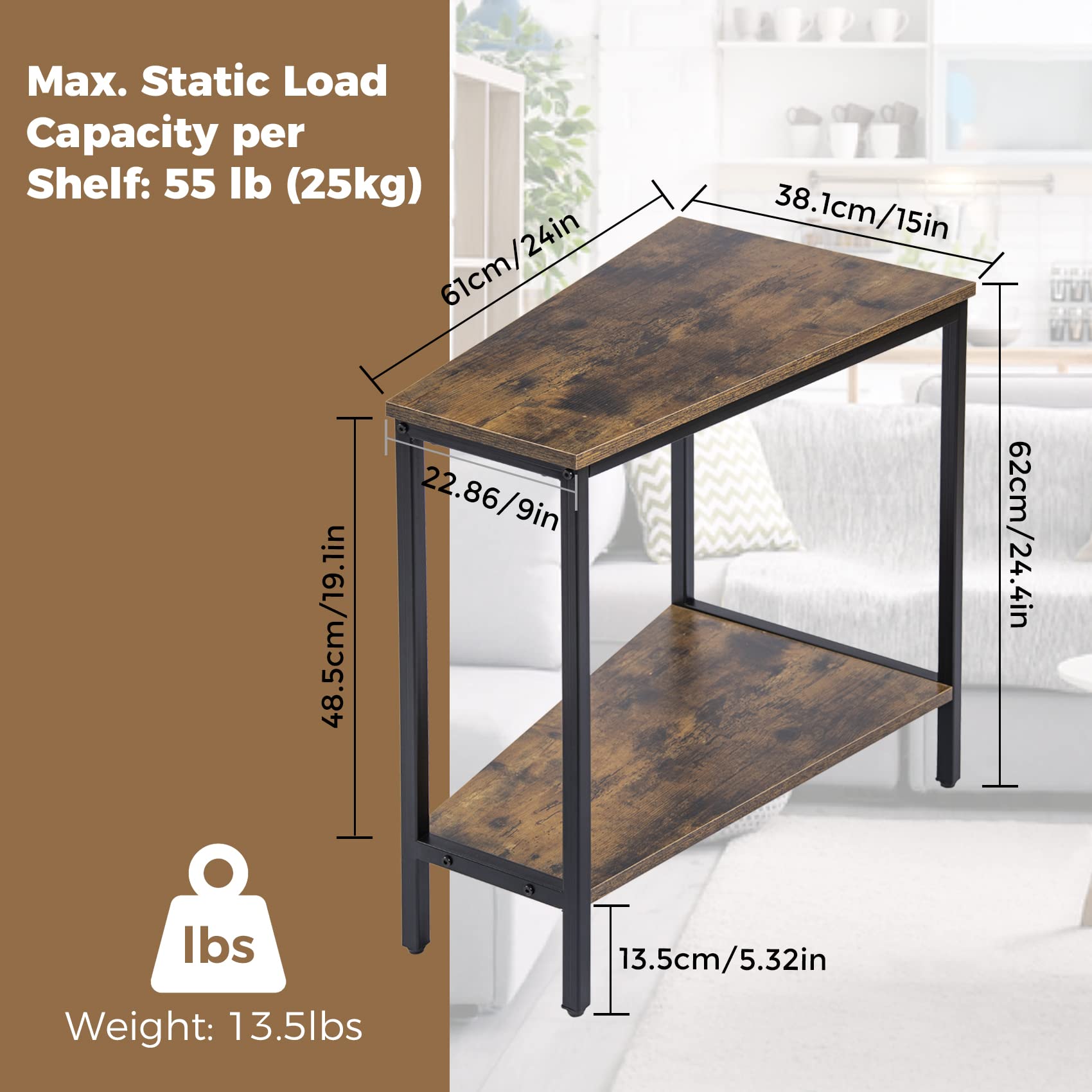 Wedge End Table - Narrow Triangle End Table - Recliner Table with Storage - Corner Tables for Living Room - Chair Side Tables for Small Spaces - Rectangle Magazine Rack Table - Tall Slim Side Table