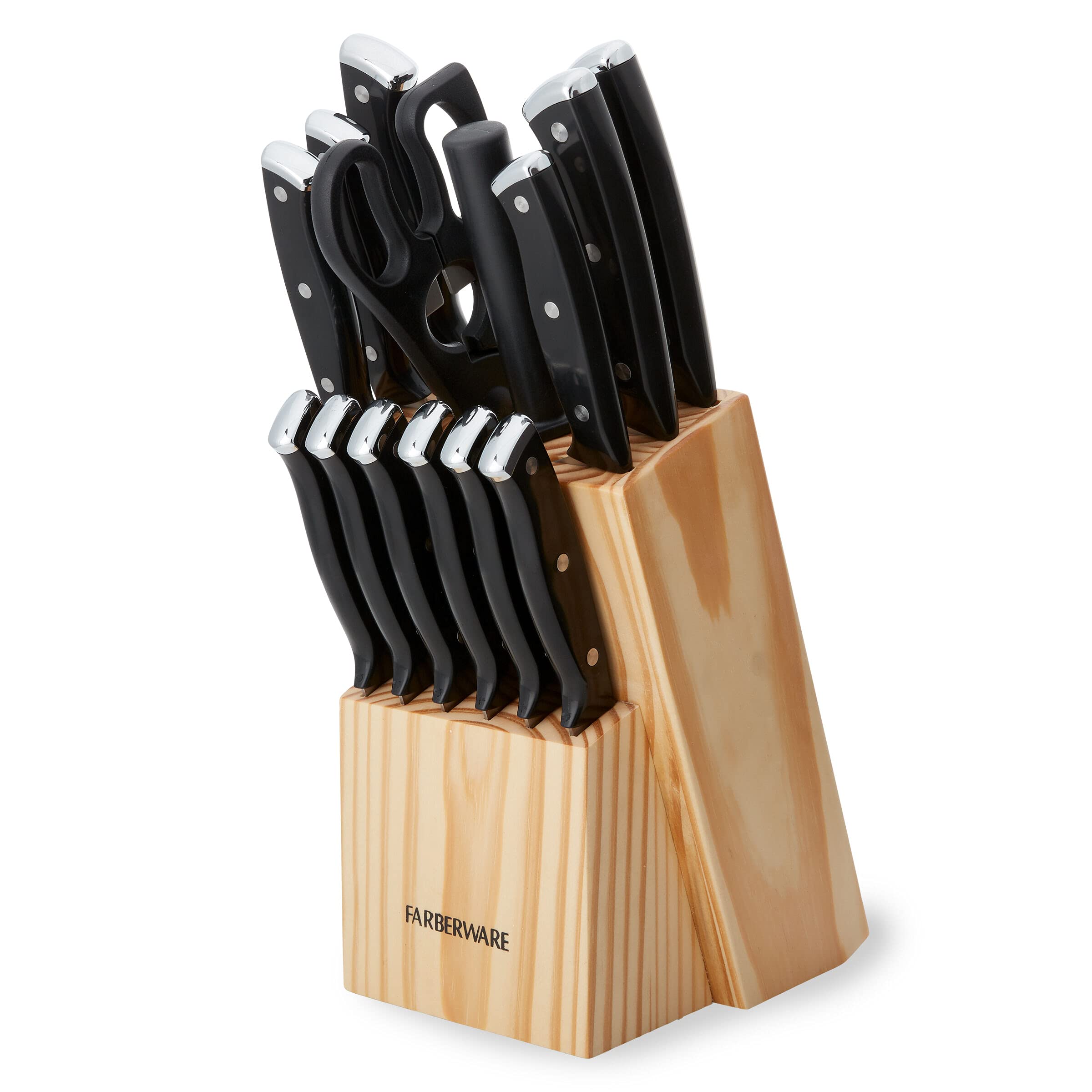 Farberware Triple Riveted Knife Block Set, High Carbon-Stainless Steel Blades Ergonomic Handles, Includes Natural Pinewood, 15 piece, Black Pine