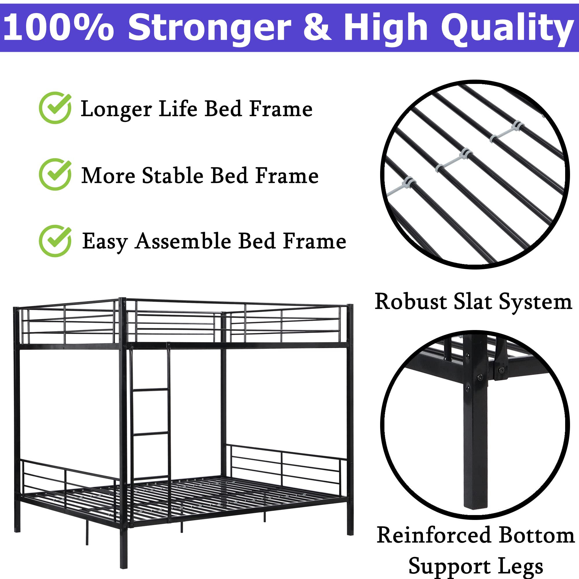 Aooppec Upgraded Version Stronger Metal Queen Size Bunk Bed, Industrial Style Queen Over Queen Bunk Bed Frame with Ladders & Guard Rails for Kids Girls Boys and Adults (Easy Assemble)