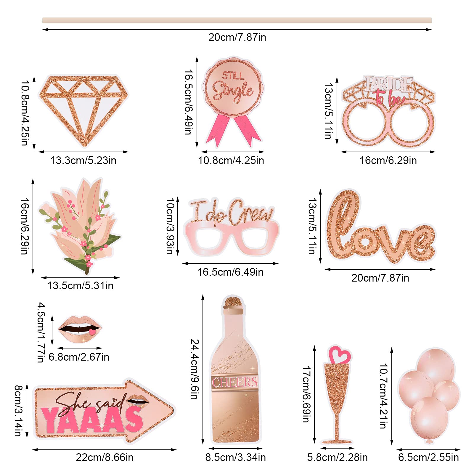 SUSSURRO 21 Count Bridal Shower Photo Booth Props Kit Engagement Photo Booth Accessories Rose Gold Wedding Party Funny Selfie Props with Sticks& Stickers for Party Favour Supplies