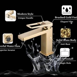 SHUNLI Brushed Gold Bathroom Faucet, Single Hole Modern Bathroom Sink Faucet, Brass Lavatory Mixer Taps Single Handle