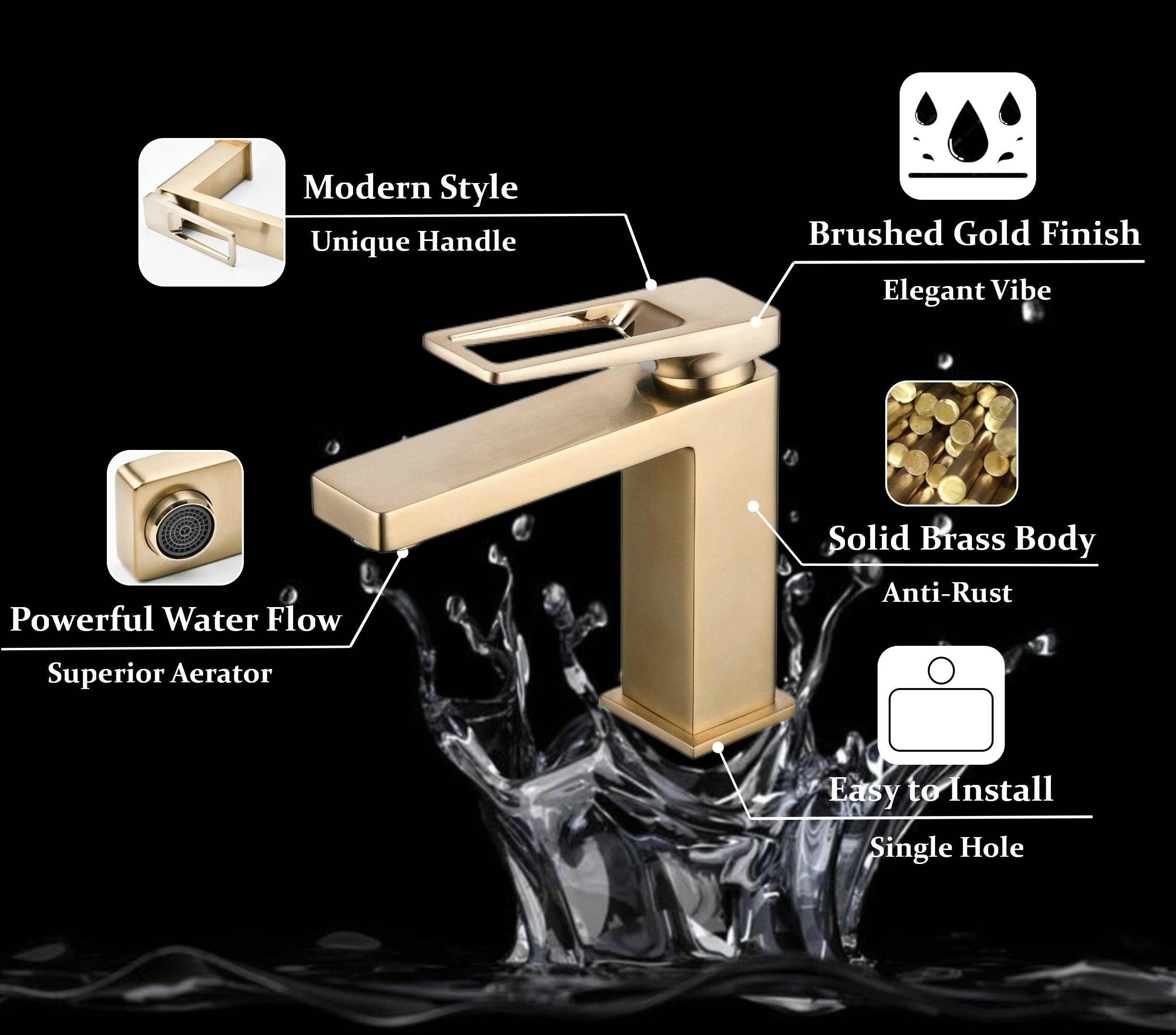 SHUNLI Brushed Gold Bathroom Faucet, Single Hole Modern Bathroom Sink Faucet, Brass Lavatory Mixer Taps Single Handle