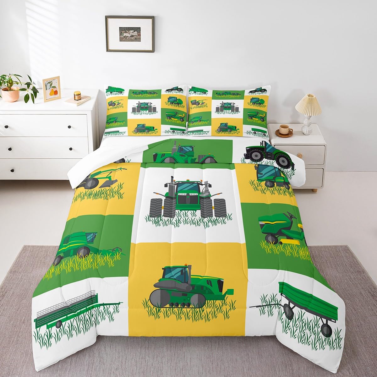 Boys Cartoon Truck Car Down Comforter Twin Size Kids Construction Vehicles Tractor Comforter Set for Kids Children Farm Excavator Bedding Set Construction Site Cars Duvet Set, Green Yellow