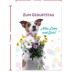 Burg Street Creations German Birthday Card - Zum Geburtstag Alles Liebe und Gute (Dog Holding Bouquet of Flowers)