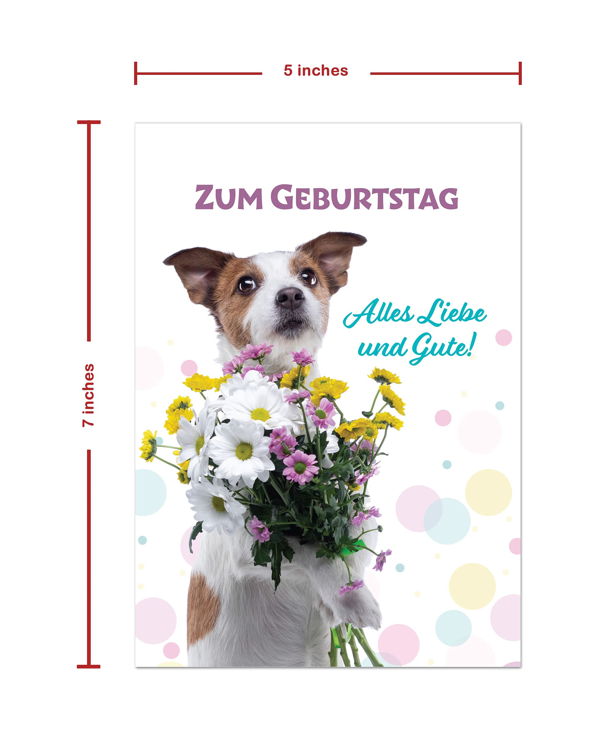 Burg Street Creations German Birthday Card - Zum Geburtstag Alles Liebe und Gute (Dog Holding Bouquet of Flowers)