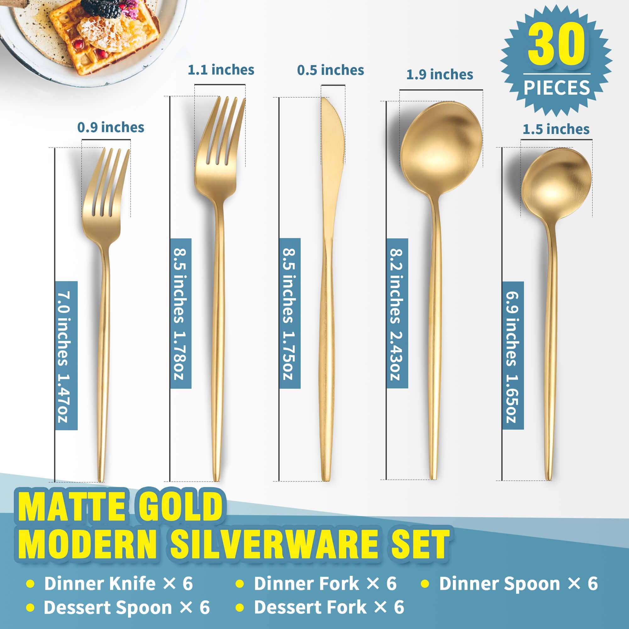 Lemeya Matte Gold Silverware Set for 6,Modern Stainless Steel Brushed Cutlery Set,30-Pieces Fancy Flatware Set,Knives Spoons and Forks Set Utensils Set,Satin Finish,Dishwasher Safe